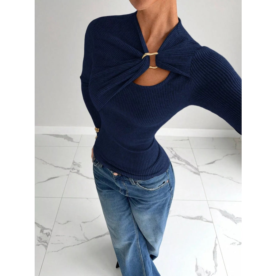 Ribbed Knit Long Sleeve T-Shirt with Metal Ring Cutout Detail Apparel and Accessories