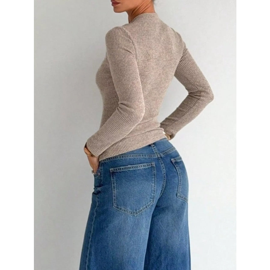 Ribbed Knit Long Sleeve T-Shirt with Metal Ring Cutout Detail Apparel and Accessories