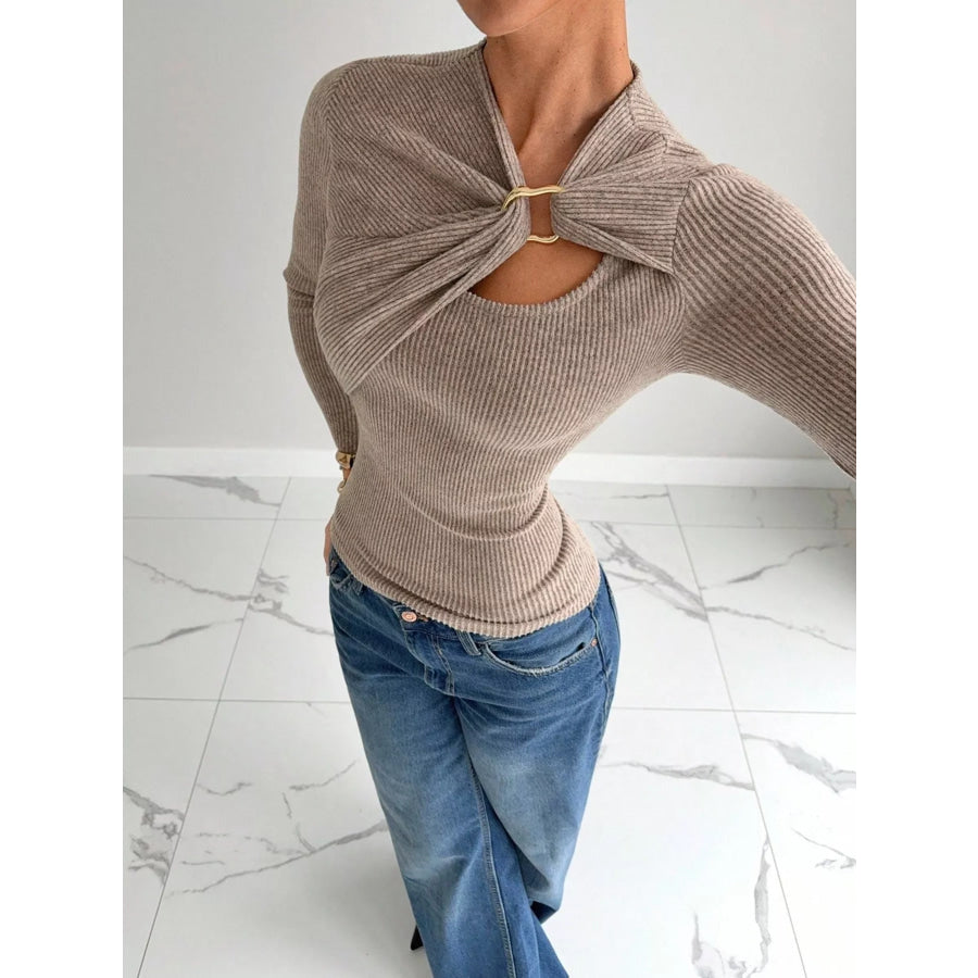 Ribbed Knit Long Sleeve T-Shirt with Metal Ring Cutout Detail Apparel and Accessories