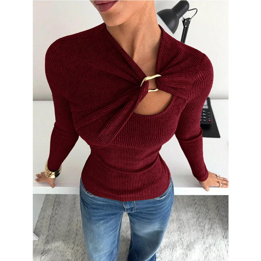 Ribbed Knit Long Sleeve T-Shirt with Metal Ring Cutout Detail Burgundy / S Apparel and Accessories