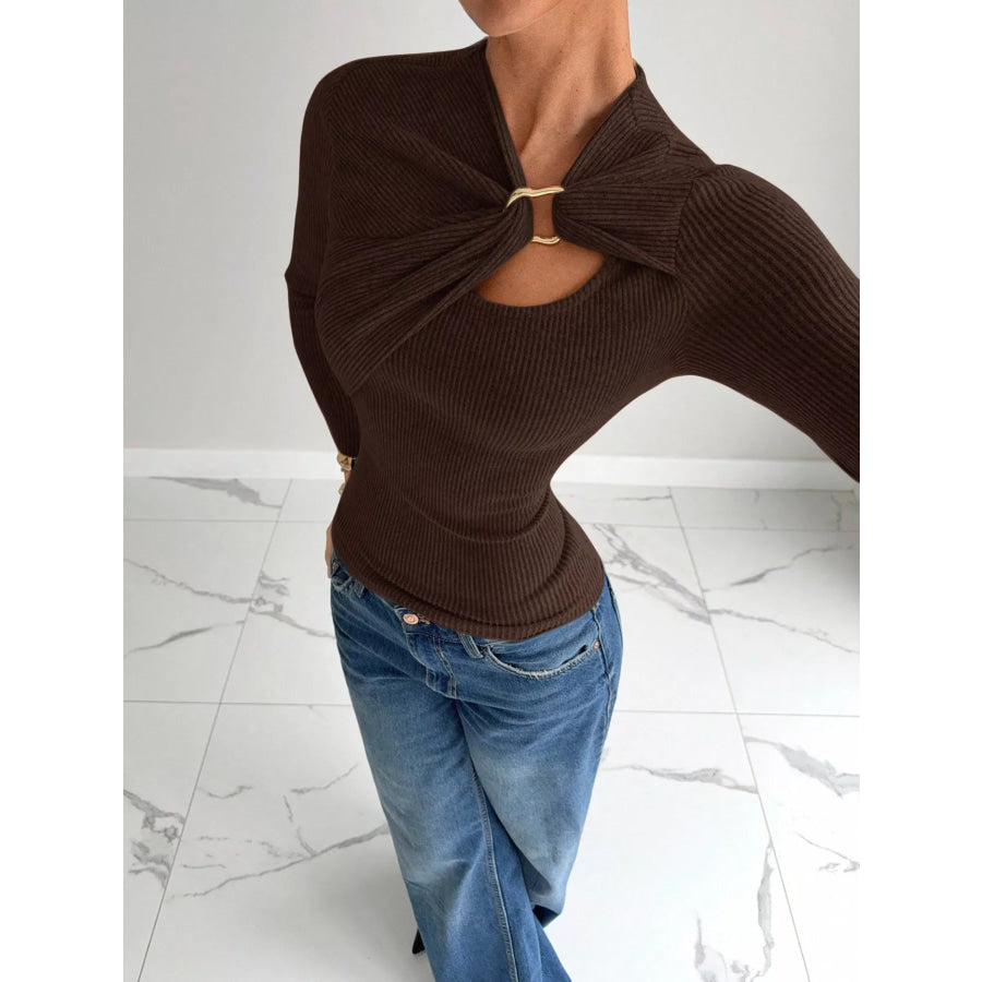 Ribbed Knit Long Sleeve T-Shirt with Metal Ring Cutout Detail Chocolate / S