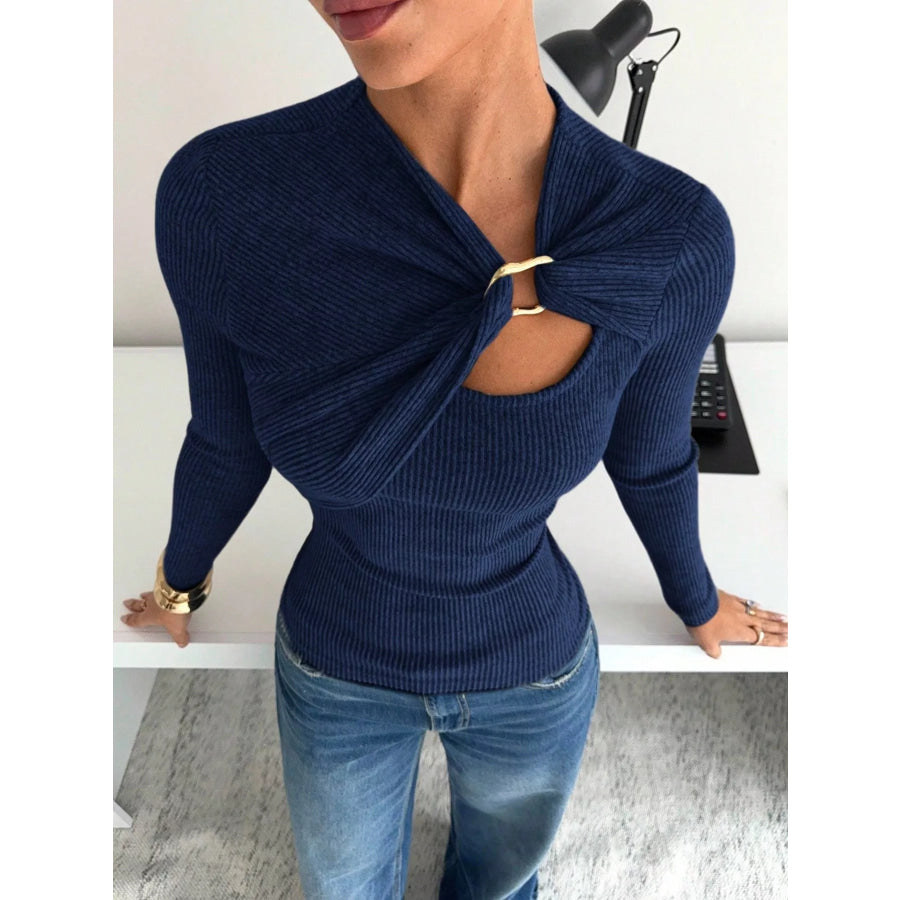 Ribbed Knit Long Sleeve T-Shirt with Metal Ring Cutout Detail Navy Blue / S Apparel and Accessories