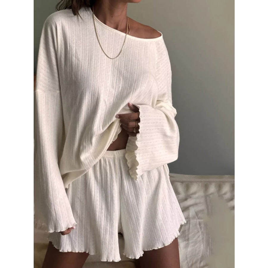 Ribbed Knit Long Sleeve Top and Shorts Lounge Set Off-white / S Apparel Accessories
