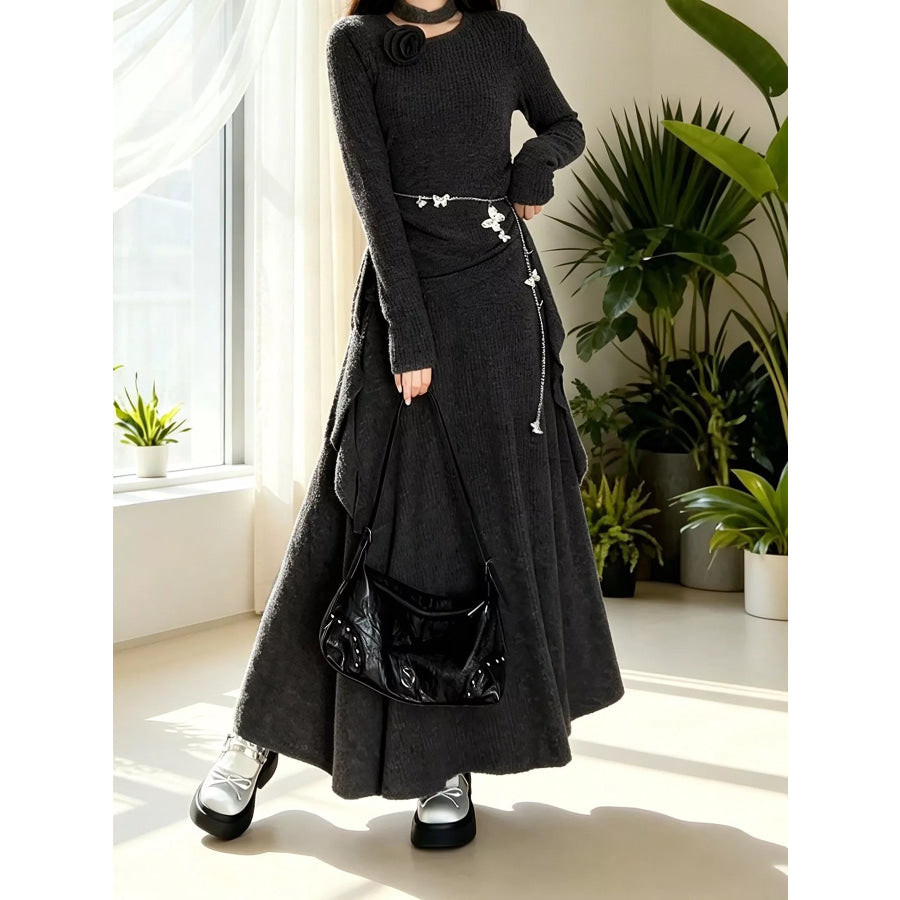 Ribbed Knit Long Sleeve Top and Skirt Set Apparel and Accessories