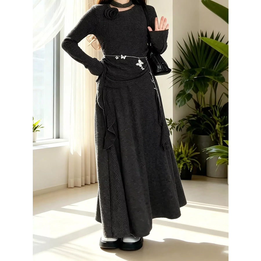 Ribbed Knit Long Sleeve Top and Skirt Set Dark Gray / M Apparel and Accessories