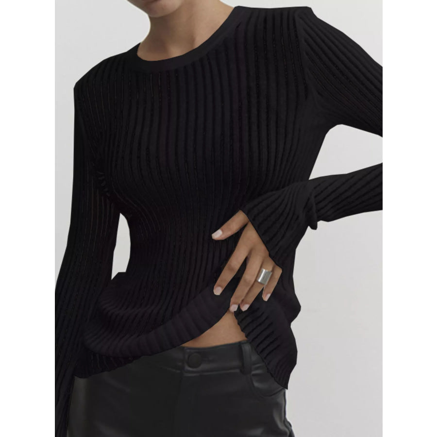Ribbed Knit Long Sleeve Top Black / S Apparel and Accessories