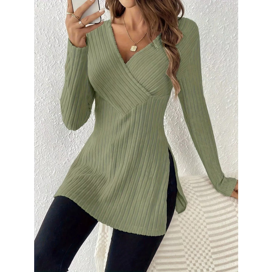 Ribbed Knit Long Sleeve Wrap T-Shirt Apparel and Accessories