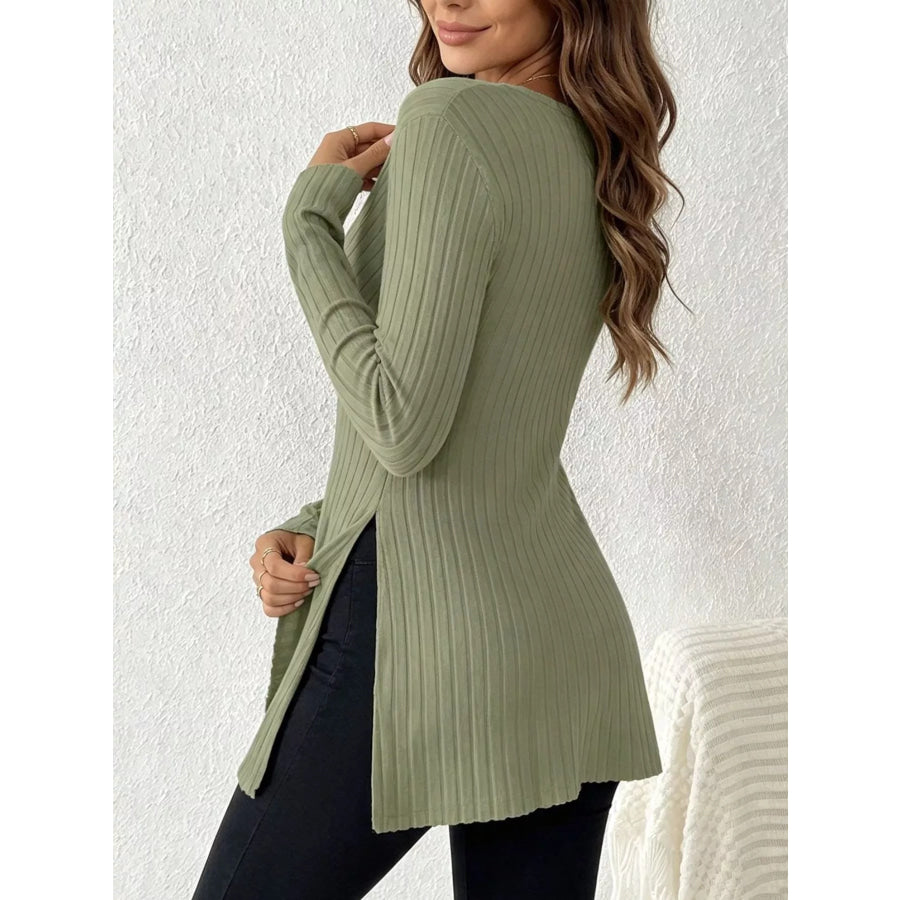 Ribbed Knit Long Sleeve Wrap T-Shirt Apparel and Accessories