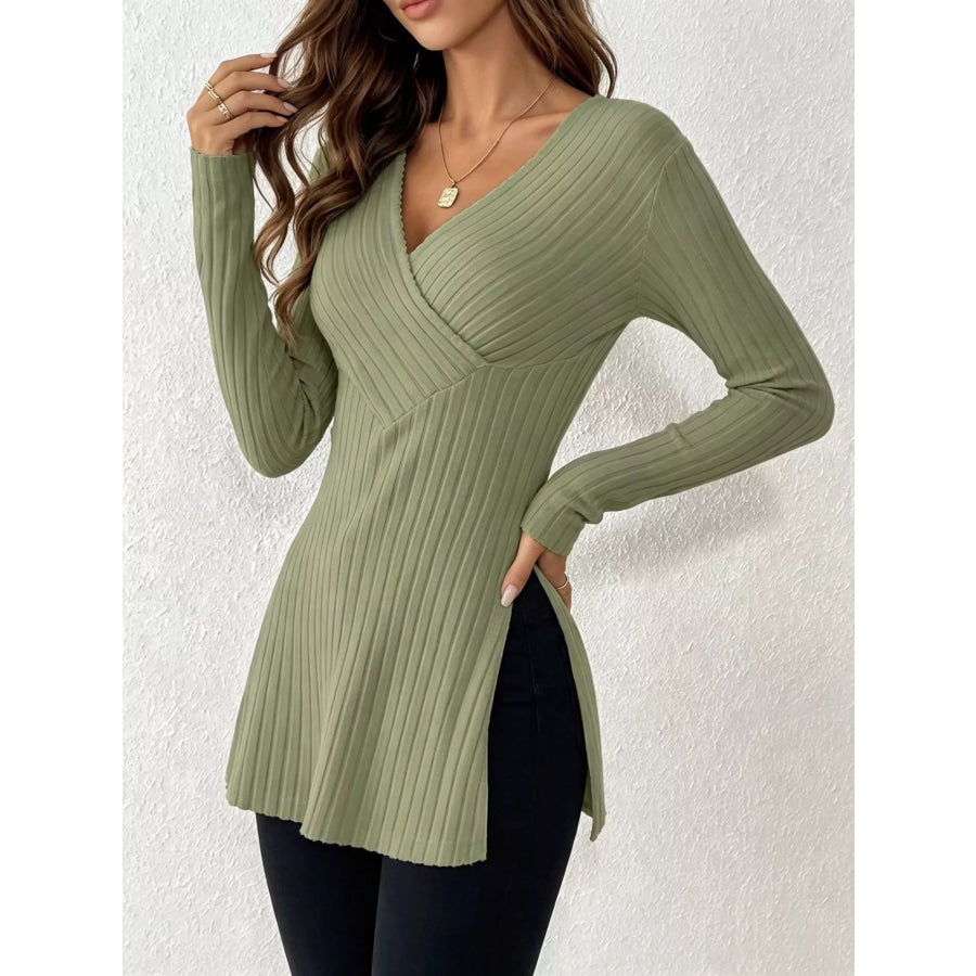 Ribbed Knit Long Sleeve Wrap T-Shirt Apparel and Accessories