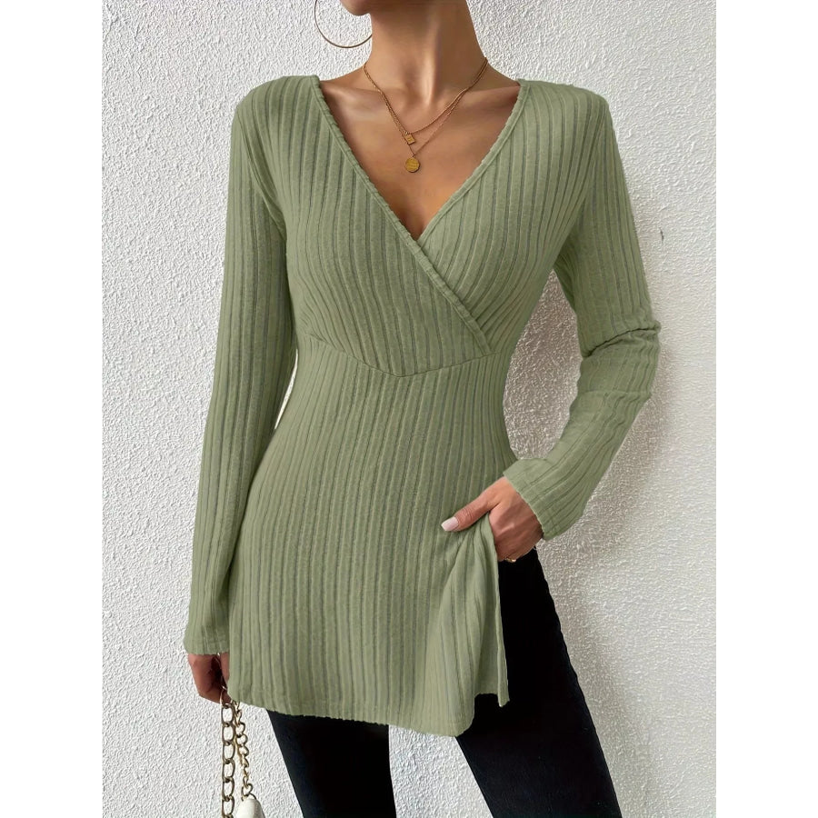Ribbed Knit Long Sleeve Wrap T-Shirt Sage / XS Apparel and Accessories