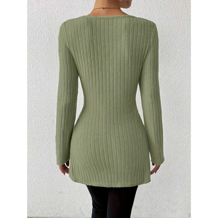 Ribbed Knit Long Sleeve Wrap T-Shirt with Side Slit Apparel and Accessories