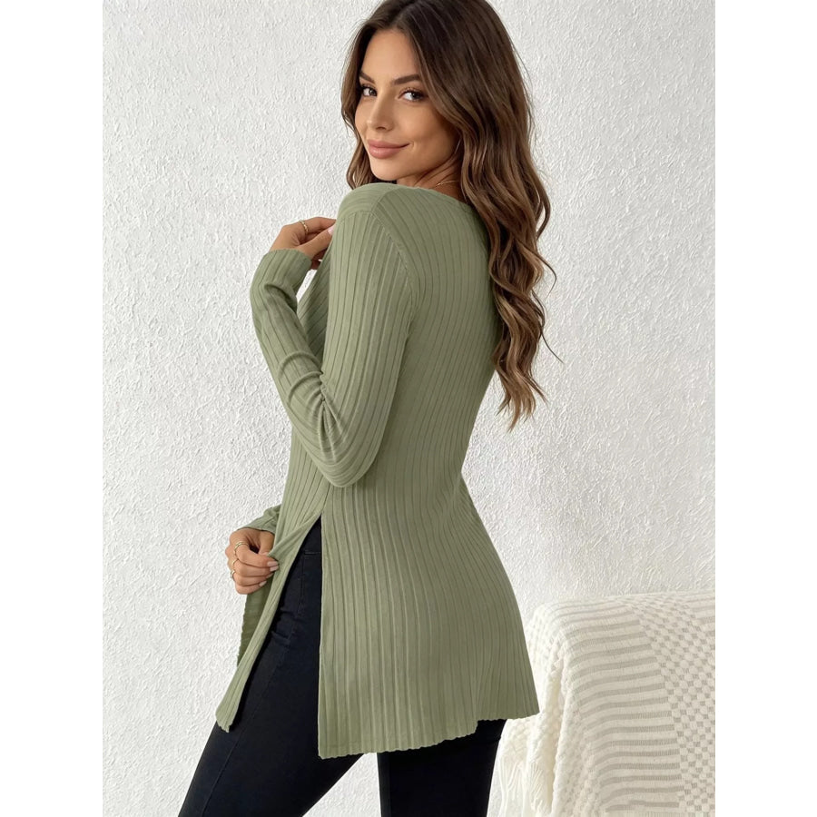 Ribbed Knit Long Sleeve Wrap T-Shirt with Side Slit Apparel and Accessories