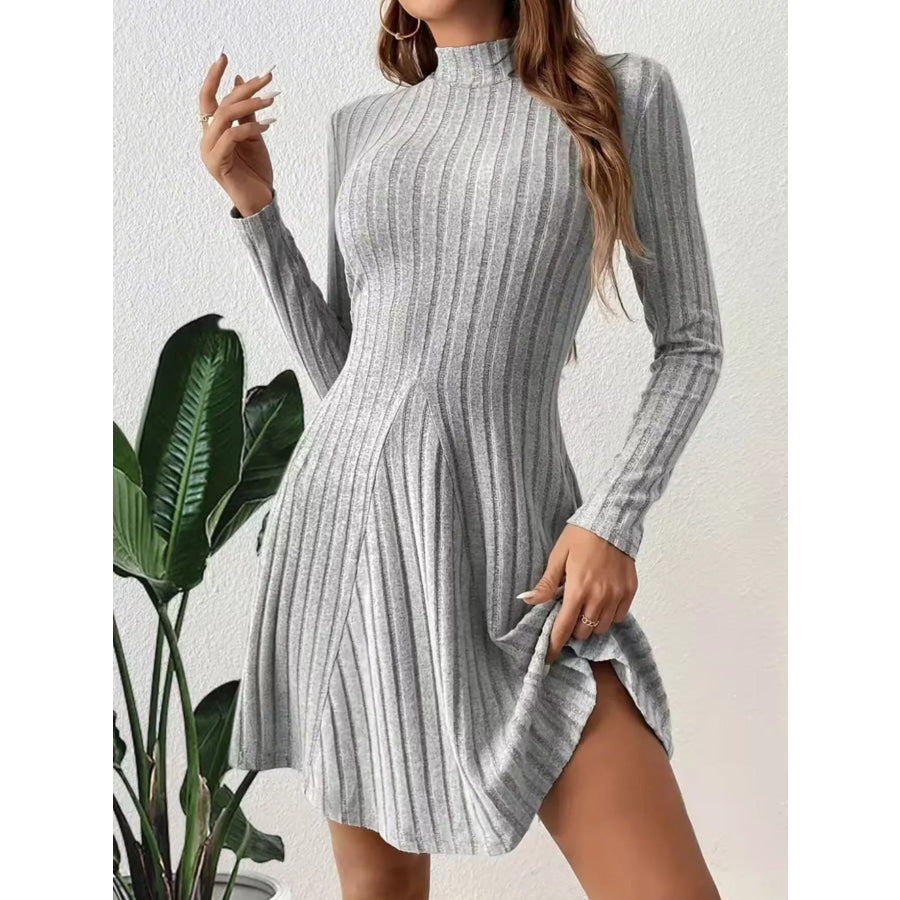 Ribbed Knit Mock Neck Long Sleeve Mini Dress Gray / S Apparel and Accessories