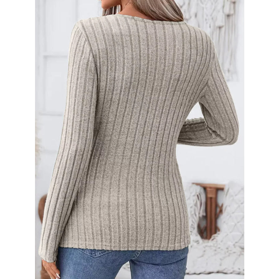 Ribbed Knit Notched Long Sleeve Top Apparel and Accessories
