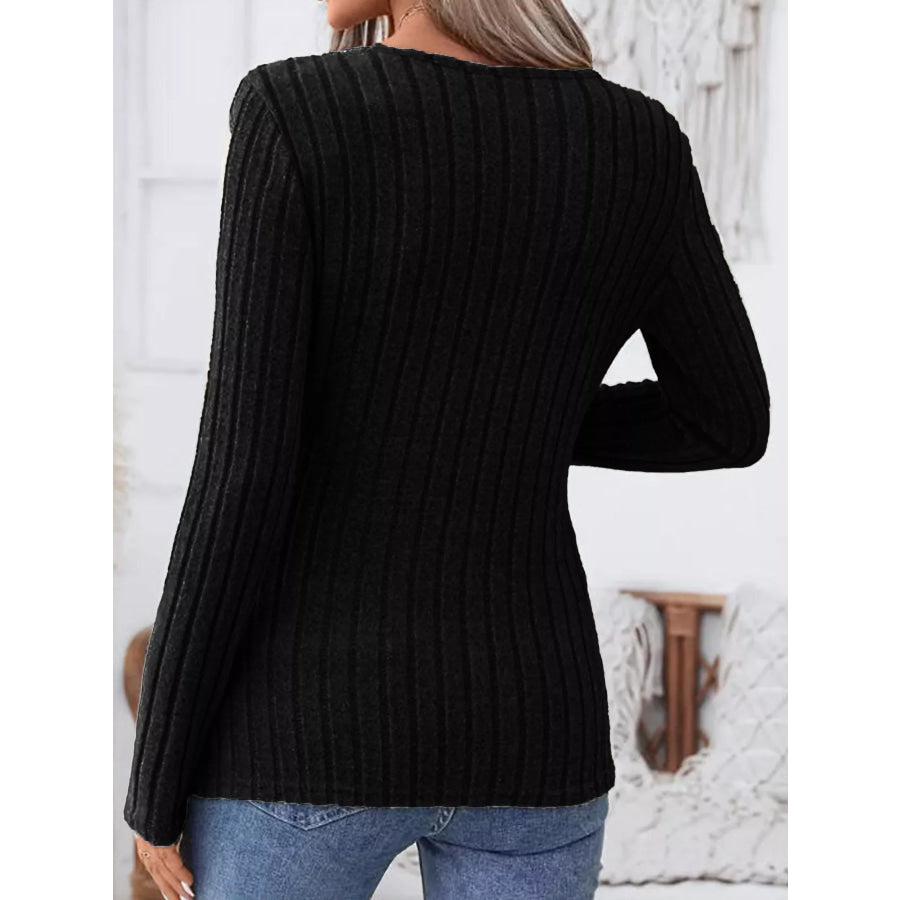 Ribbed Knit Notched Long Sleeve Top Apparel and Accessories