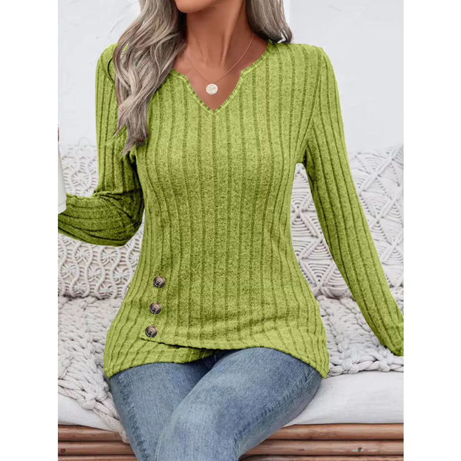 Ribbed Knit Notched Long Sleeve Top Apparel and Accessories