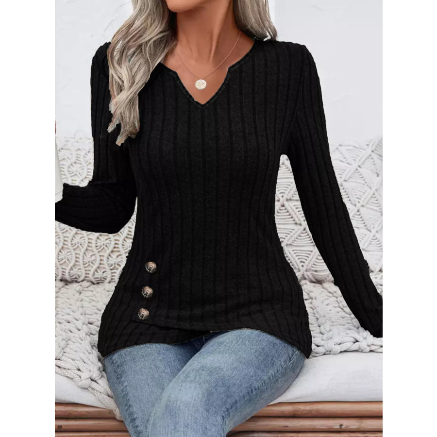 Ribbed Knit Notched Long Sleeve Top Apparel and Accessories