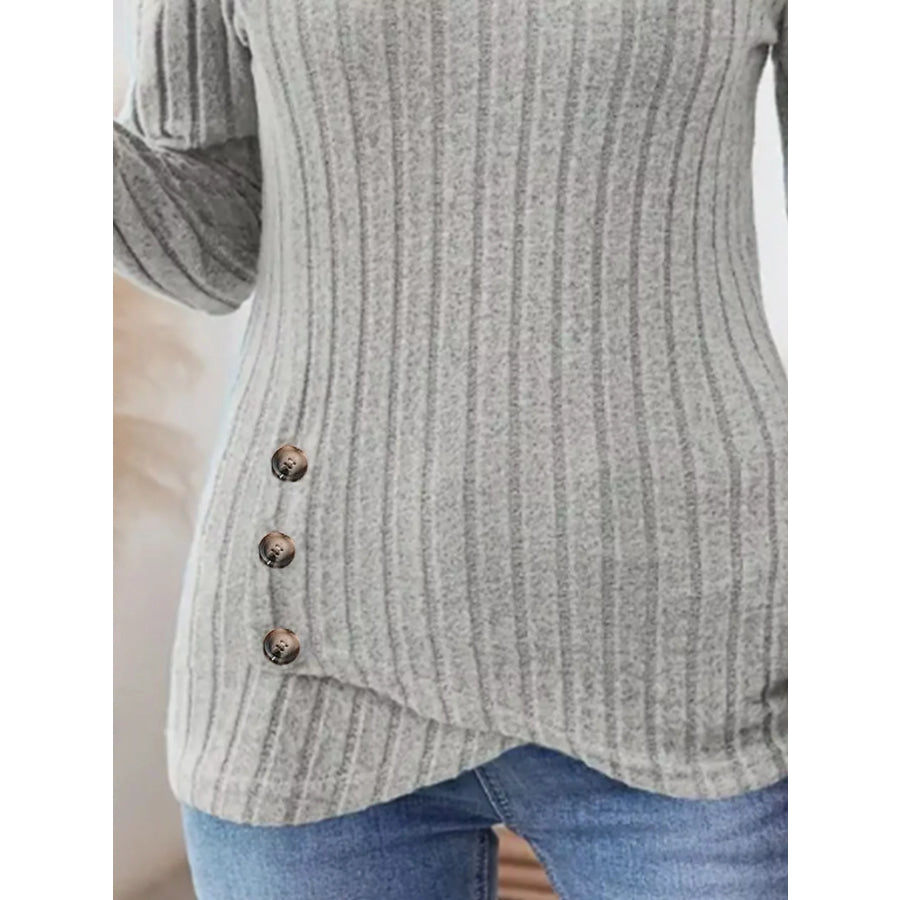 Ribbed Knit Notched Long Sleeve Top Apparel and Accessories