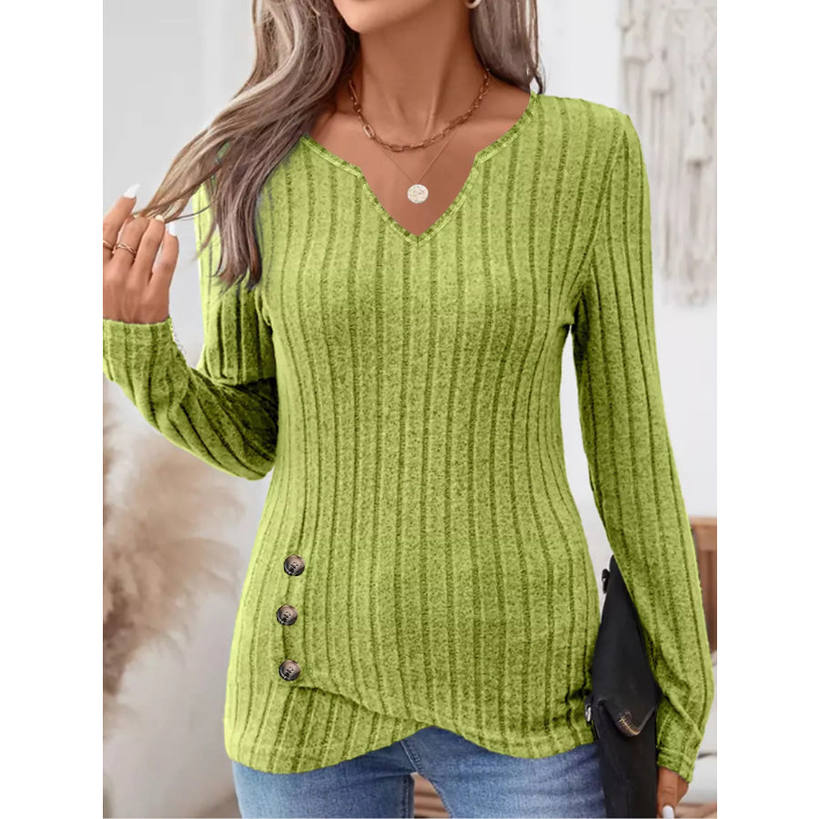 Ribbed Knit Notched Long Sleeve Top Sage / S Apparel and Accessories