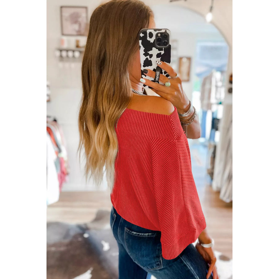 Ribbed Knit Off-Shoulder Blouse Deep Red / XS Apparel and Accessories