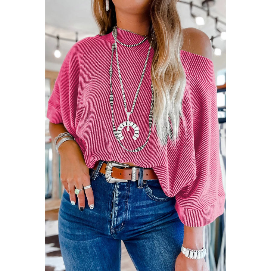 Ribbed Knit Off-Shoulder Blouse Hot Pink / XS Apparel and Accessories