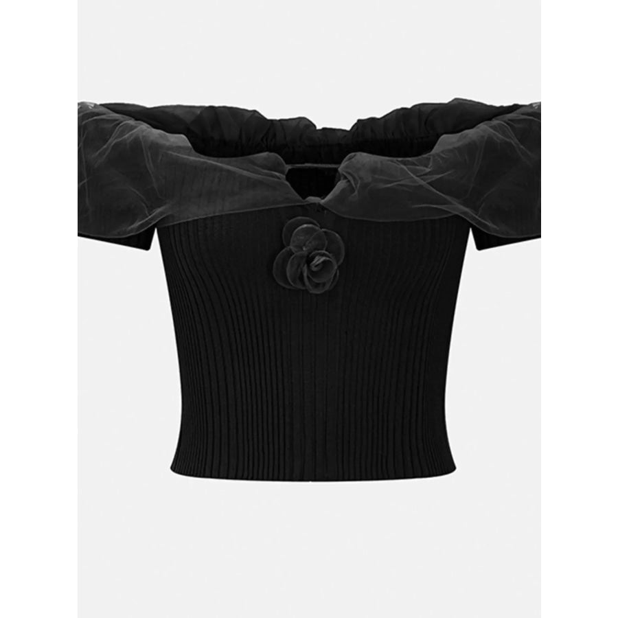Ribbed Knit Off-Shoulder Ruffle Trim Top Black / One Size Apparel and Accessories