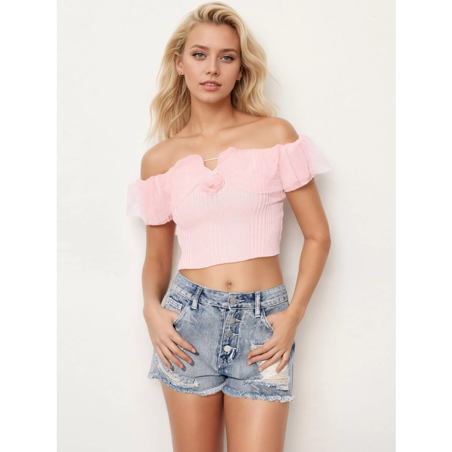 Ribbed Knit Off-Shoulder Ruffle Trim Top Pink / One Size Apparel and Accessories