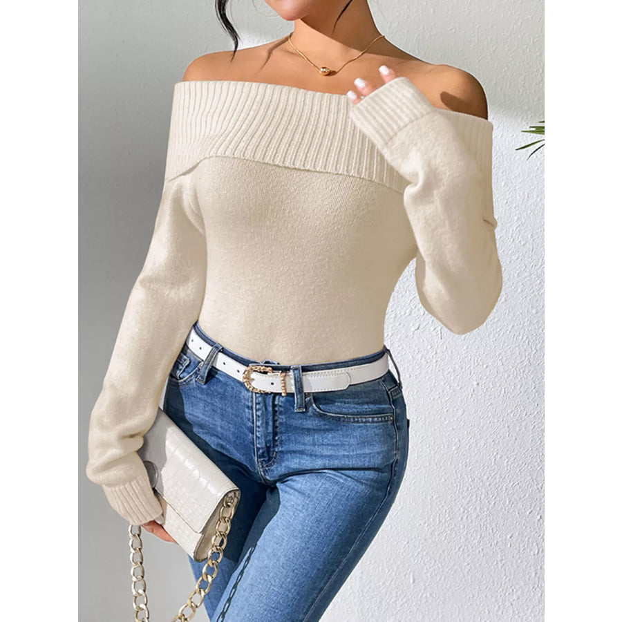 Ribbed Knit Off Shoulder Sweater Beige / M Apparel and Accessories