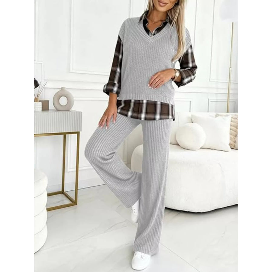 Ribbed Knit Plaid Sleeve Top & Pants Set Apparel and Accessories