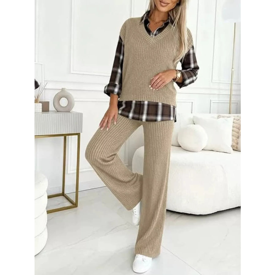 Ribbed Knit Plaid Sleeve Top & Pants Set Apparel and Accessories
