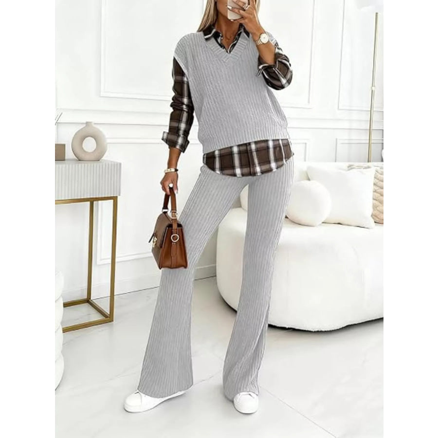 Ribbed Knit Plaid Sleeve Top & Pants Set Apparel and Accessories