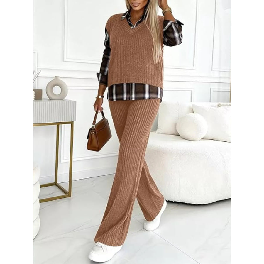 Ribbed Knit Plaid Sleeve Top & Pants Set Apparel and Accessories