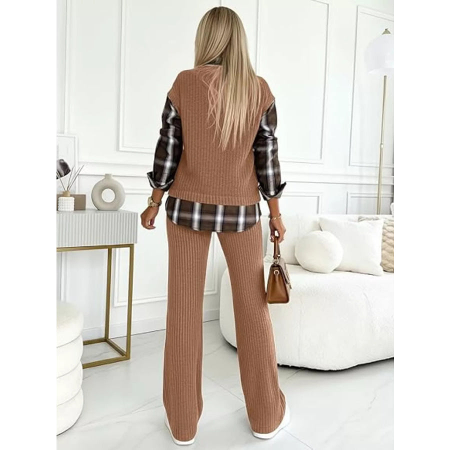 Ribbed Knit Plaid Sleeve Top & Pants Set Apparel and Accessories
