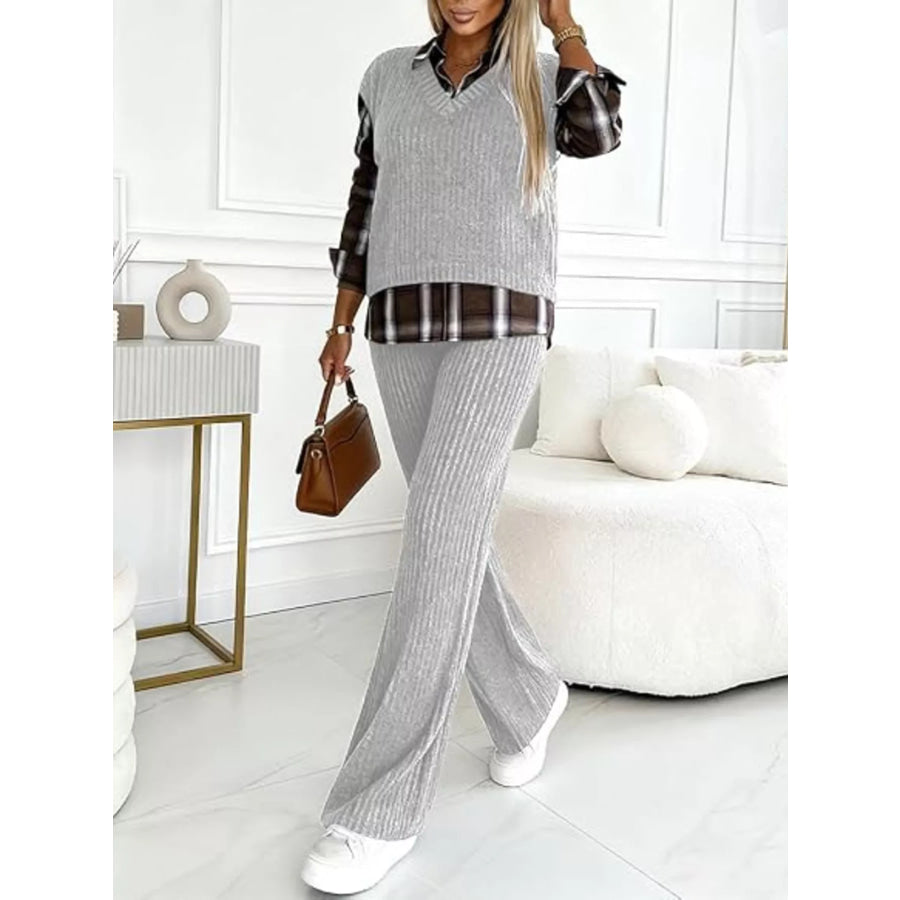 Ribbed Knit Plaid Sleeve Top & Pants Set Apparel and Accessories