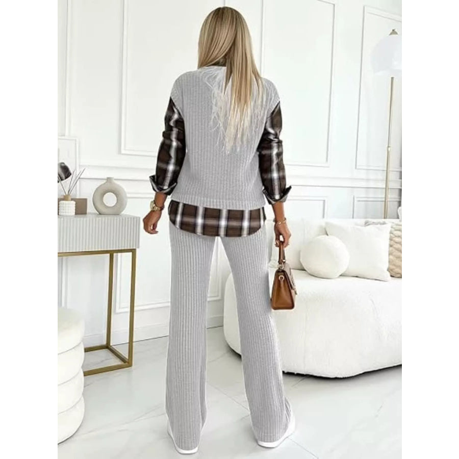 Ribbed Knit Plaid Sleeve Top & Pants Set Apparel and Accessories