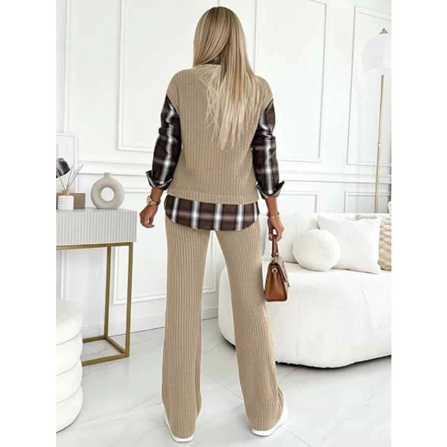 Ribbed Knit Plaid Sleeve Top & Pants Set Apparel and Accessories