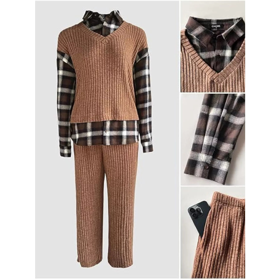 Ribbed Knit Plaid Sleeve Top & Pants Set Apparel and Accessories