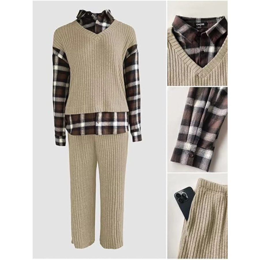 Ribbed Knit Plaid Sleeve Top & Pants Set Apparel and Accessories