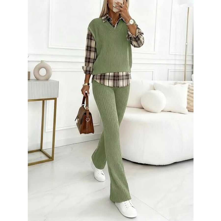 Ribbed Knit Plaid Sleeve Top & Pants Set Apparel and Accessories
