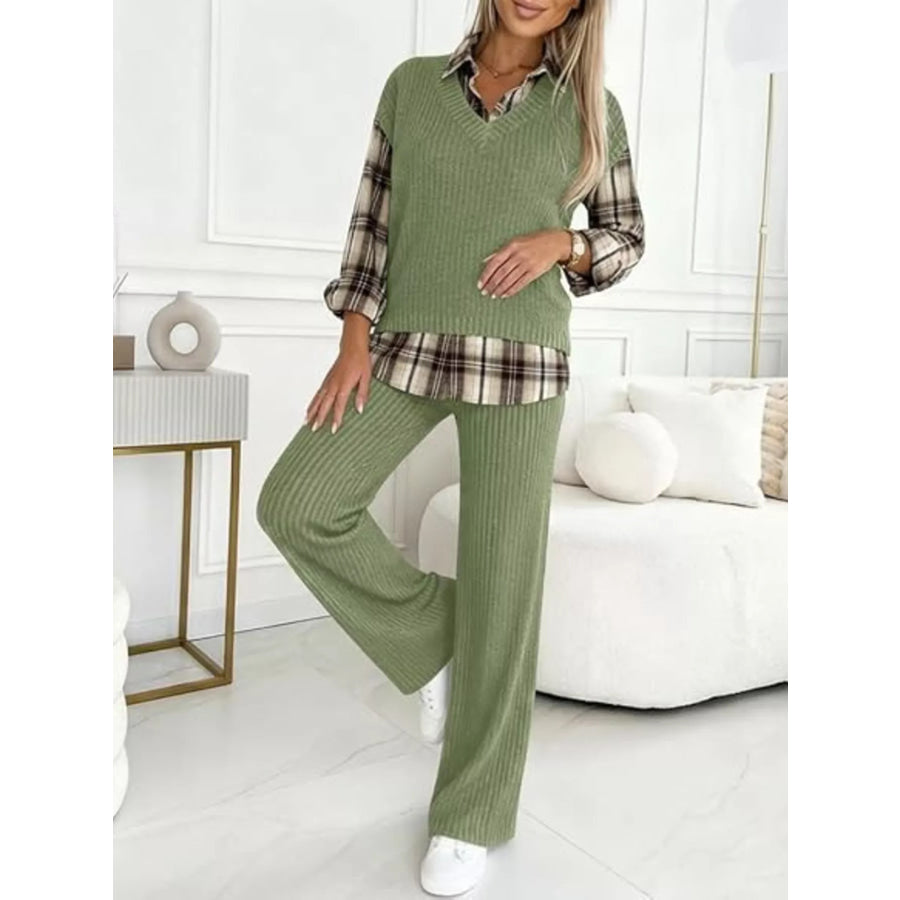 Ribbed Knit Plaid Sleeve Top & Pants Set Apparel and Accessories