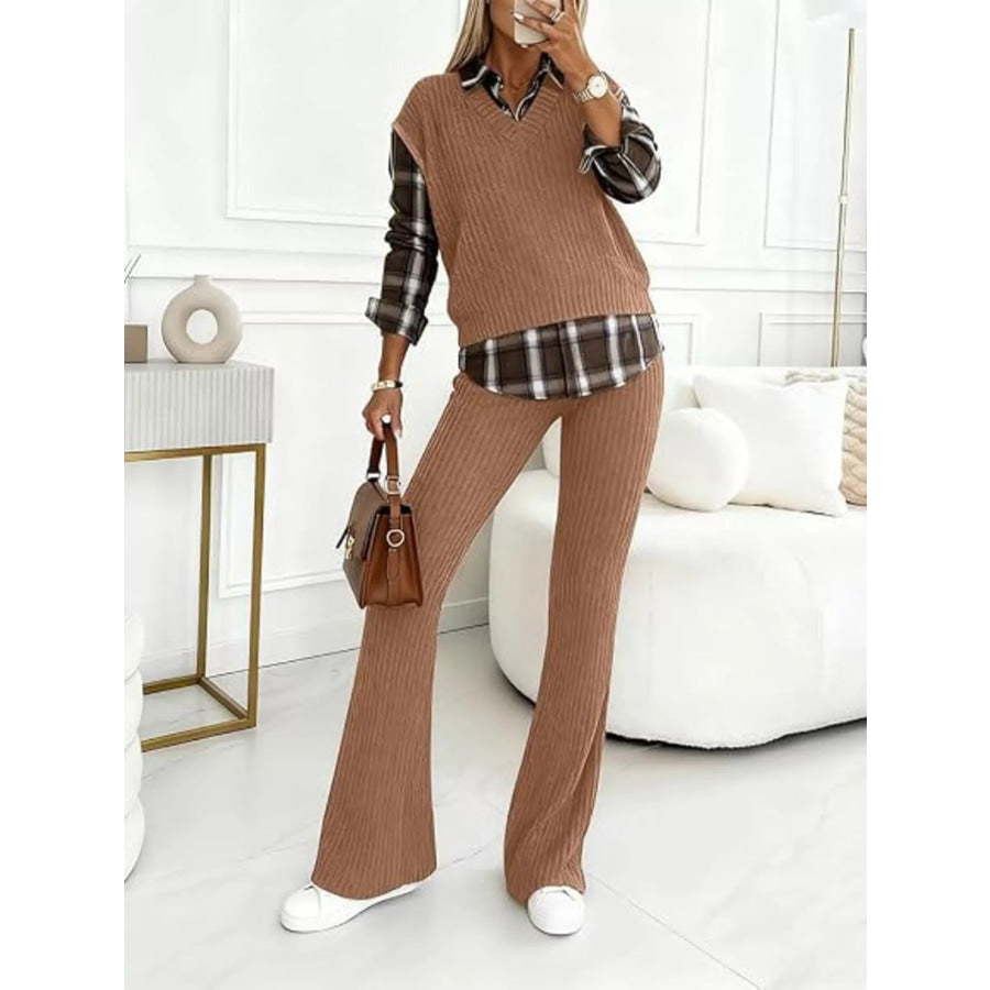 Ribbed Knit Plaid Sleeve Top & Pants Set Apparel and Accessories