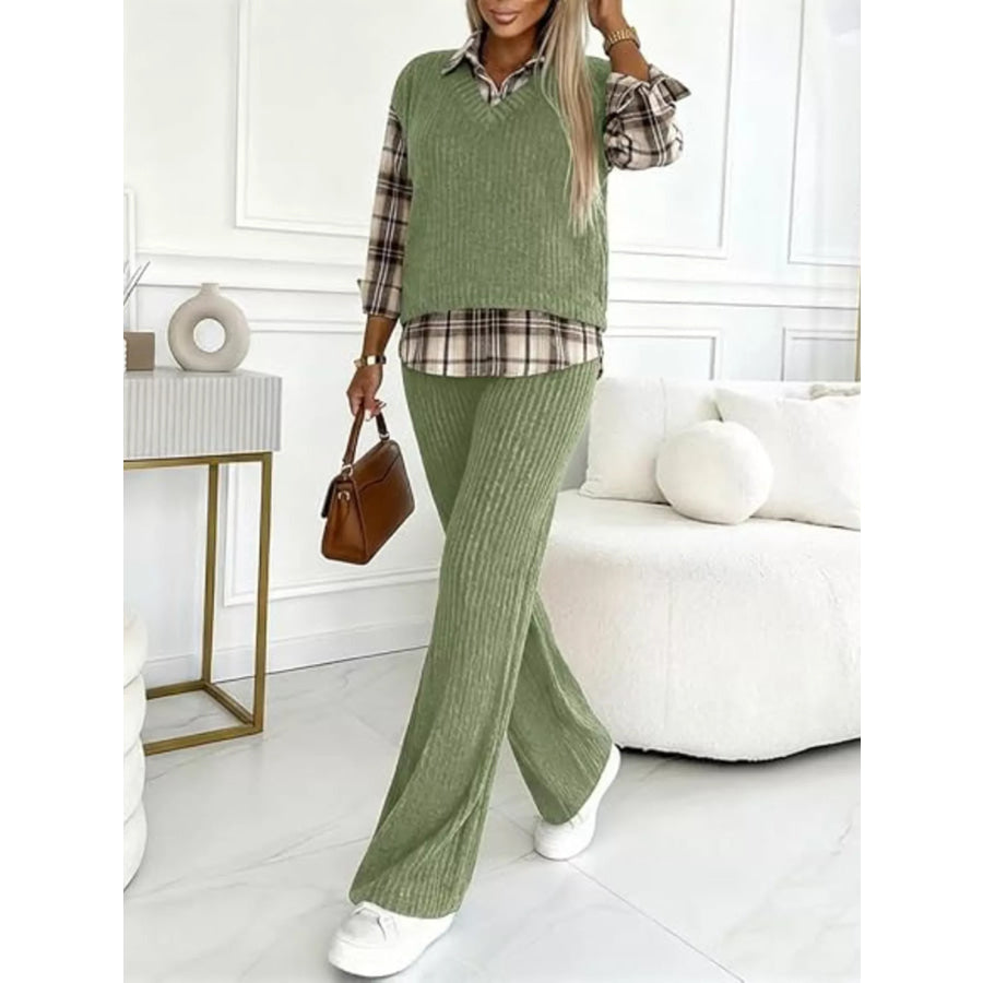 Ribbed Knit Plaid Sleeve Top & Pants Set Apparel and Accessories