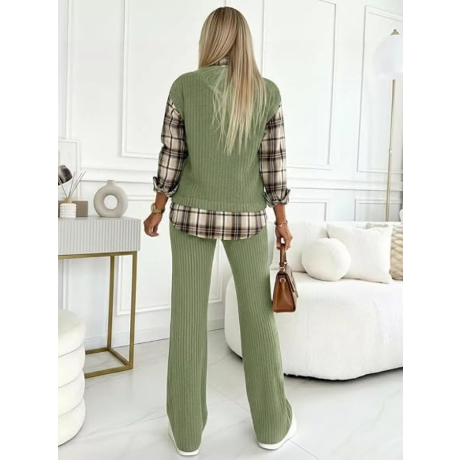 Ribbed Knit Plaid Sleeve Top & Pants Set Apparel and Accessories