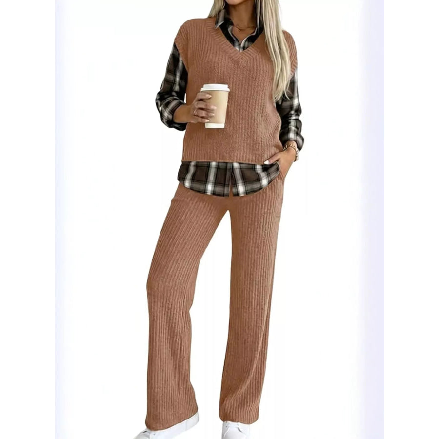 Ribbed Knit Plaid Sleeve Top & Pants Set Brown / S Apparel and Accessories