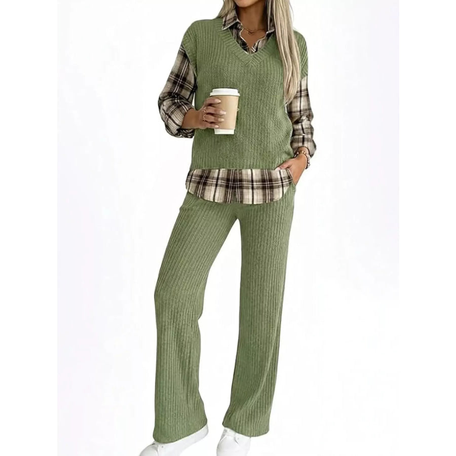 Ribbed Knit Plaid Sleeve Top & Pants Set Green / S Apparel and Accessories