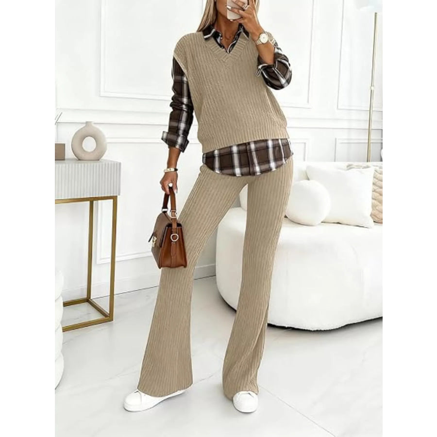 Ribbed Knit Plaid Sleeve Top & Pants Set Khaki / S Apparel and Accessories