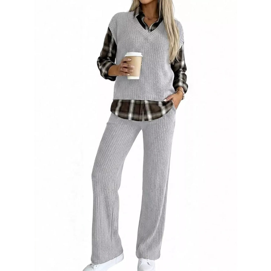 Ribbed Knit Plaid Sleeve Top & Pants Set Light Gray / S Apparel and Accessories