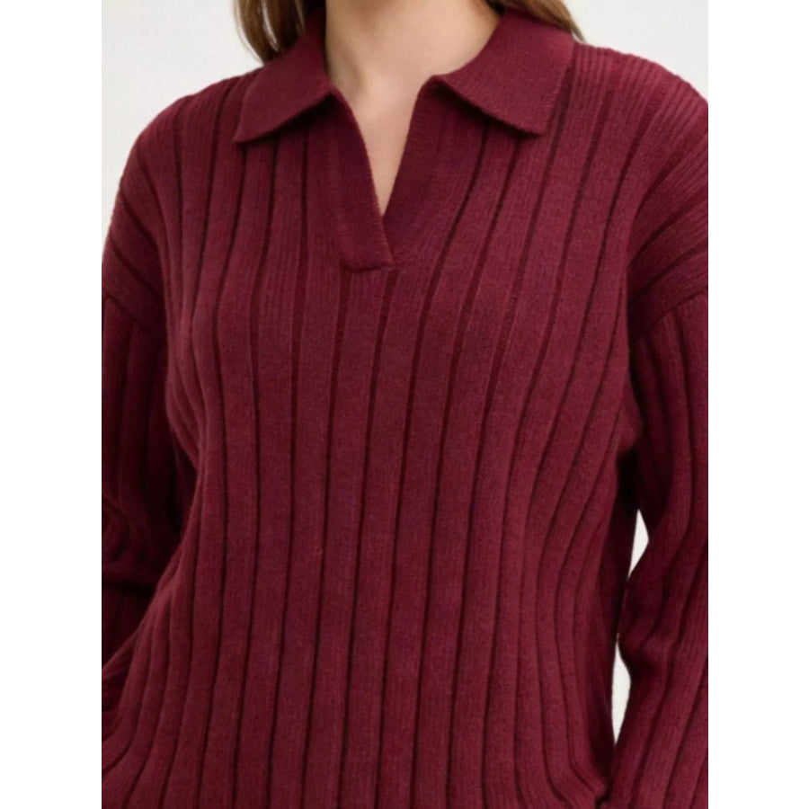 Ribbed Knit Polo Collar Sweater Apparel and Accessories