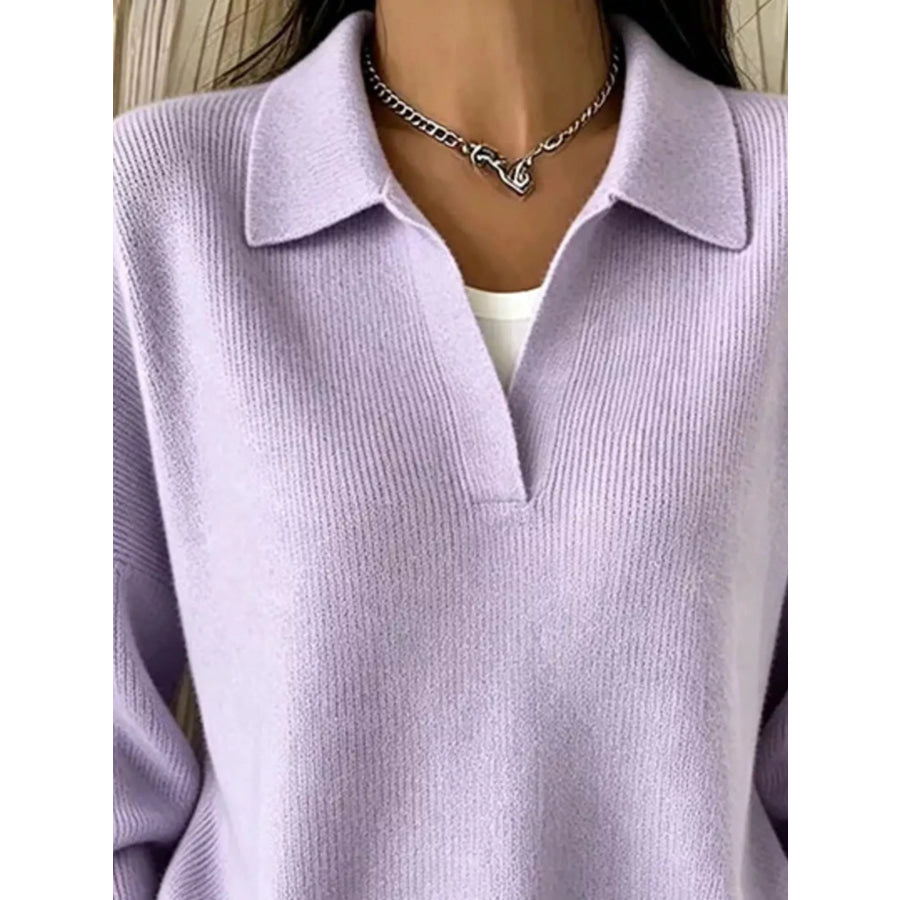 Ribbed Knit Polo Collar Sweater Apparel and Accessories