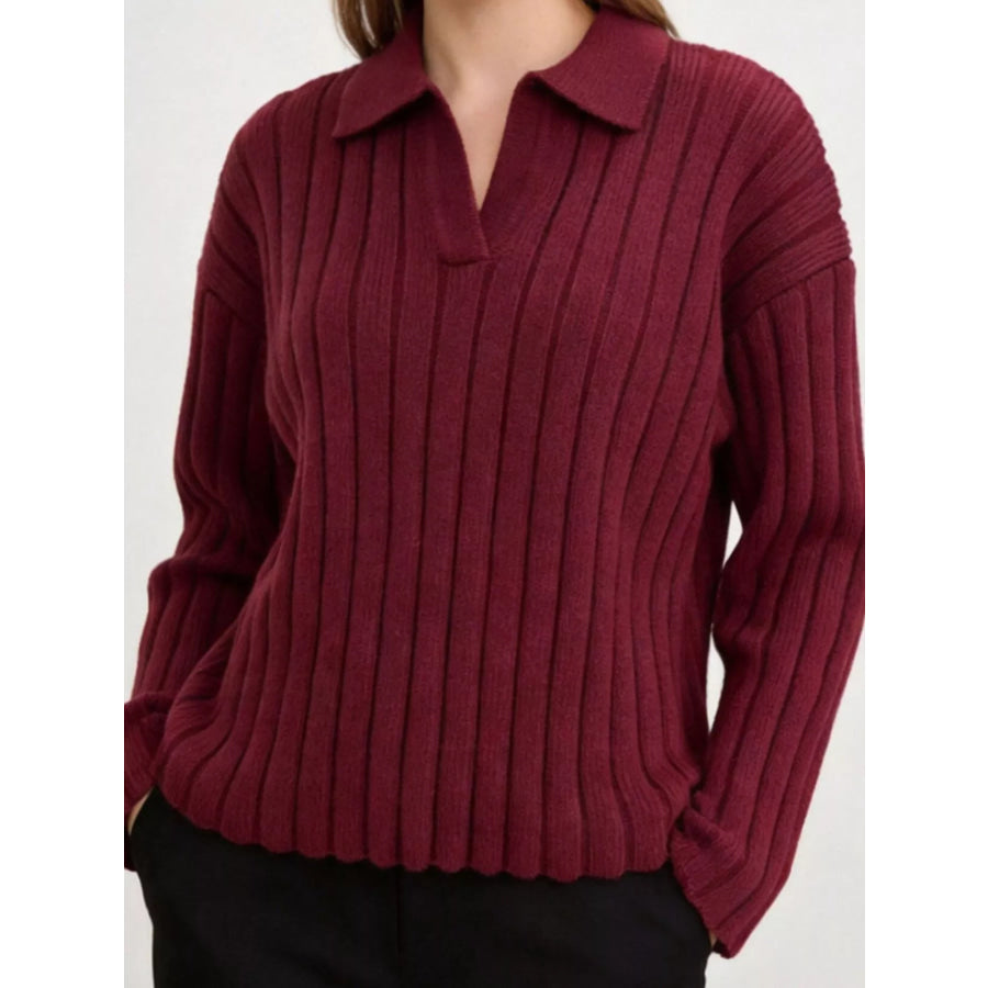 Ribbed Knit Polo Collar Sweater Apparel and Accessories